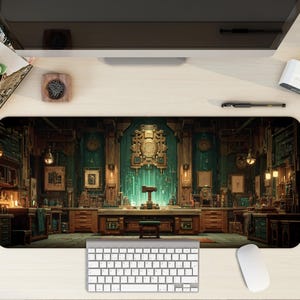 May include: A large desk mat featuring a detailed steampunk-style workshop scene with teal and brown tones. The design includes intricate machinery, wooden cabinets, and a central workbench. A keyboard and mouse are visible at the bottom.