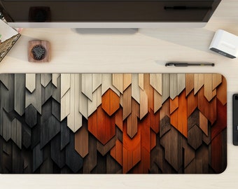 Geometric Wood Layer Desk Mat | Aesthetic Wood Style Rustic Mouse Pad | Minimalist Modern Desk Setup Gift Idea