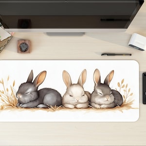Cute Sleeping Bunny Desk Mat | Large Mouse Pad with Storybook style Illustration, Pastel Aesthetic for Kawaii Desk Setup, Cozy Cottage Core