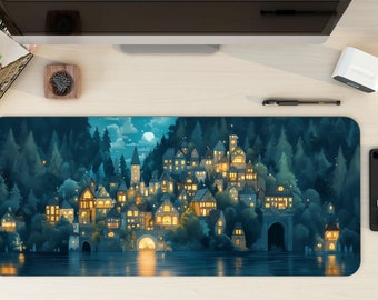 Enchanted Forest Village Desk Mat | Cozy Medieval Night Mouse Pad | Blue Fantasy Moonlight Desk Pad