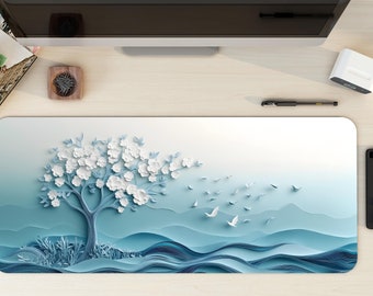Serene White Cherry Blossom, Dove Desk Mat | Japanese Wave Large Mouse Pad | Blue, Cyan, White Paper Art Desk Pad