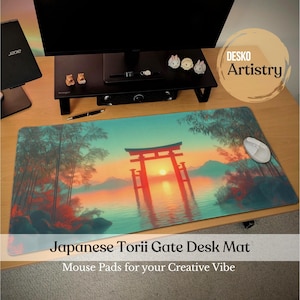 Japanese Anime Torii Gate Desk Mat | Serene Lake Sunset Mouse Pad | Zen Bamboo Forest | Aesthetic Autumn Leaves Desk Pad for Office & Gaming
