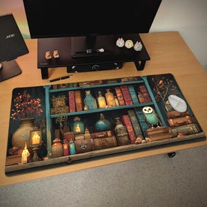 Witchy Bookshelf Desk Mat | Dark Cottagecore Owl, Potion Mouse Pad, Dark Academia Desk Pad, Spell Book Library Aesthetics Decor