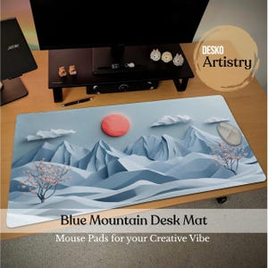 Japanese Nature Landscape Desk Mat | Aesthetic Cherry Blossom Mouse Pad | Large Serene Blue Mountain Desk Pad