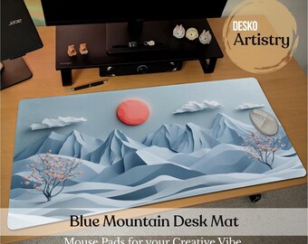 Japanese Nature Landscape Desk Mat | Aesthetic Cherry Blossom Mouse Pad | Large Serene Blue Mountain Desk Pad