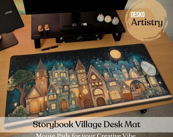 Storybook Fantasy Village Desk Mat | Whimsical Enchanted Mouse Pad | Medieval Magic Themed Large Desk Pad