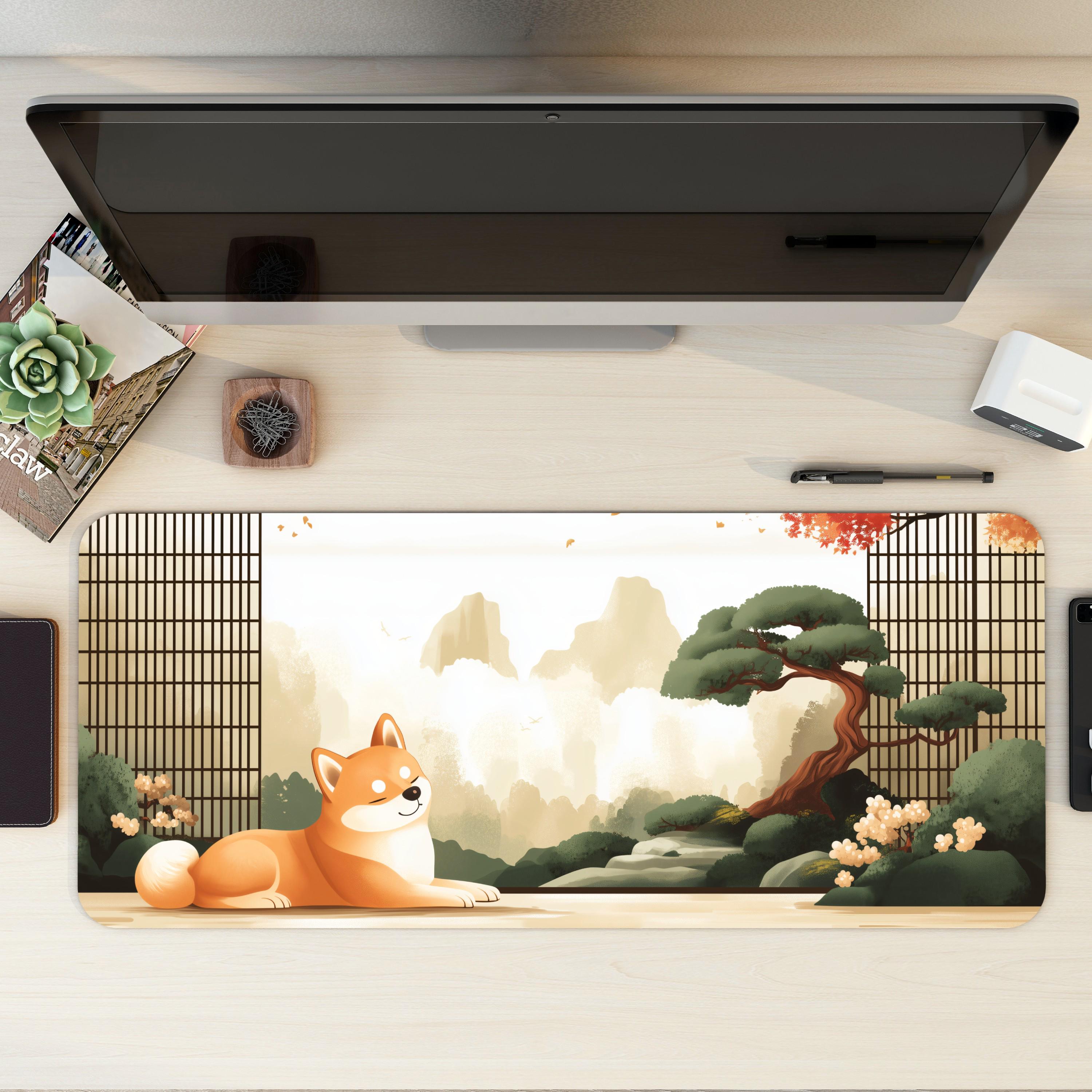 Japanese Shiba Inu Desk Mat | Large Mouse Pad for Dog Lovers, Japanese Art Desk Pad, Aesthetic Gaming Mousepad, Bonsai Zen, Cherry Blossoms