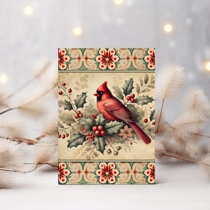 Cartão de Natal Vintage Cardinal – Saudação Elegante para Imprimir com Holly & Berries | Cartão Festivo Inspirado na Natureza para Alegria de Natal, JPEG