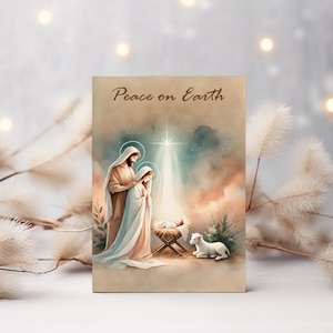 Tarjeta navideña con escena de la natividad, arte cristiano, tarjeta imprimible, María y José, tarjeta de felicitación del Niño Jesús en el pesebre, tarjeta cristiana