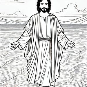 Pagina da colorare cristiana: Gesù cammina sull'acqua - Download digitale stampabile 8,5x11 pollici / Design ispiratore basato sulla fede / File JPEG
