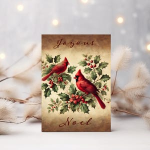 Cartão de Natal Vintage Cardinal – Saudação Elegante para Imprimir com Holly & Berries | Cartão Festivo Inspirado na Natureza para Alegria de Natal, JPEG