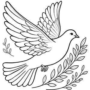 May include: A black and white line drawing of a dove in flight, with outstretched wings. The dove is carrying an olive branch in its beak. The image is a symbol of peace and is surrounded by olive branches.