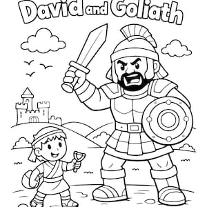 Puede incluir: Ilustración en blanco y negro de David y Goliat. David, con una honda y una piedra, se enfrenta a Goliat, que empuña una espada y un escudo. La escena incluye un castillo, nubes y pájaros, con el título "David y Goliat" en la parte superior.