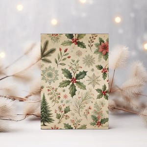 Cartão de Natal Botânico Vintage, Papelaria de Natal Rústica Inspirada na Natureza, Impressão Festiva de Vegetação de Inverno, Cartão Vintage para impressão
