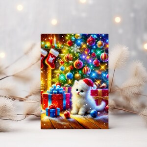 Adorable Christmas Kitten Digital Card - Festive White Cat by the Tree, Christmas card, Christmas Kitty card, printable Christmas card