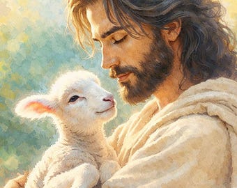 Christian art: Watercolor Jesus and Lamb Printable