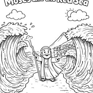 May include: Black and white illustration of Moses parting the Red Sea. Moses, holding a staff, stands between towering waves. The text "Moses and the Red Sea" is at the top, with clouds and a sun in the background. A group of people are visible in the distance.