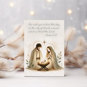 Kerststal Kerstkaart, christelijke kunst, afdrukbare kaart, Maria en Jozef, Baby Jezus in een kribbe, wenskaart, christelijke kaart