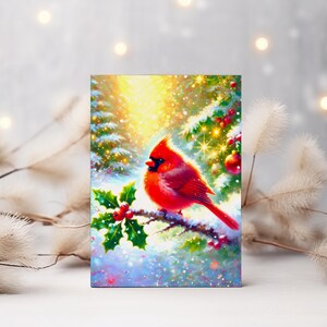 Cartão de Natal Vintage Cardinal – Saudação Elegante para Imprimir com Holly & Berries | Cartão Festivo Inspirado na Natureza para Alegria de Natal, JPEG