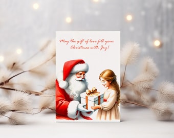 Peut inclure: Une carte de Noël représentant le Père Noël offrant un cadeau à une jeune fille. La carte porte le texte "Que le cadeau de l'amour remplisse votre Noël de joie !"