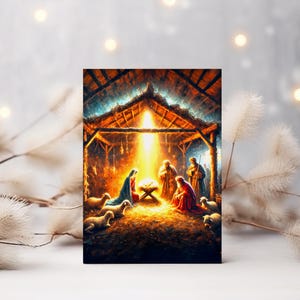 Nativity scene Christmas card, Christian art, printable card, Mary and Joseph, Baby Jesus in a manger greeting card, Christian card