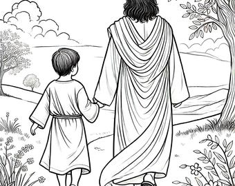 Christian Coloring Page of Jesus and a Boy Walking, 300dpi JPEG