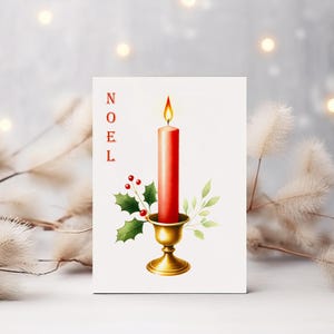 Druckbare Weihnachtskerzenkarte | Festliche rote Kerze mit Holly | Digitale Weihnachtsgrußkarte | Herzliche Frohe Weihnachten wünscht