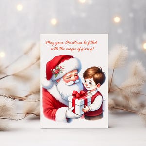 Tarjeta navideña alegre de Papá Noel y su niño / Tarjeta navideña digital con regalo, tarjeta imprimible navideña, tarjeta imprimible JPEG, tarjeta de Papá Noel