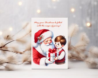 Peut inclure: Une carte de Noël illustrant un dessin animé de Père Noël offrant un cadeau à un enfant. La carte porte le texte "Que votre Noël soit rempli de la magie du don !"