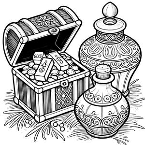 Puede incluir: Ilustración en blanco y negro de un cofre del tesoro lleno de monedas y lingotes de oro, con la palabra "GOLD" visible. Dos botellas ornamentadas están junto al cofre, una con tapón. La imagen tiene un tema de fantasía o aventura.