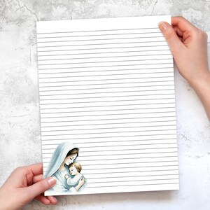 Articoli di cancelleria natalizia cristiana - Carta da lettere a righe con la Vergine Maria e Gesù Bambino / Carta da lettere natalizia, carta stampabile digitale