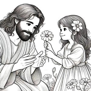 Dibujo cristiano para colorear: "Una niña le da una flor a Jesús" Dibujo para colorear, dibujo de actividades para niños de arte cristiano, actividades primarias,