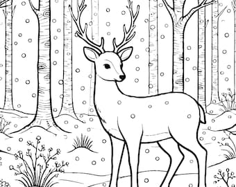 Christmas coloring page of a Deer in a Winter Forest – Digital Download | Holiday Woodland Scene for Kids & Adults
