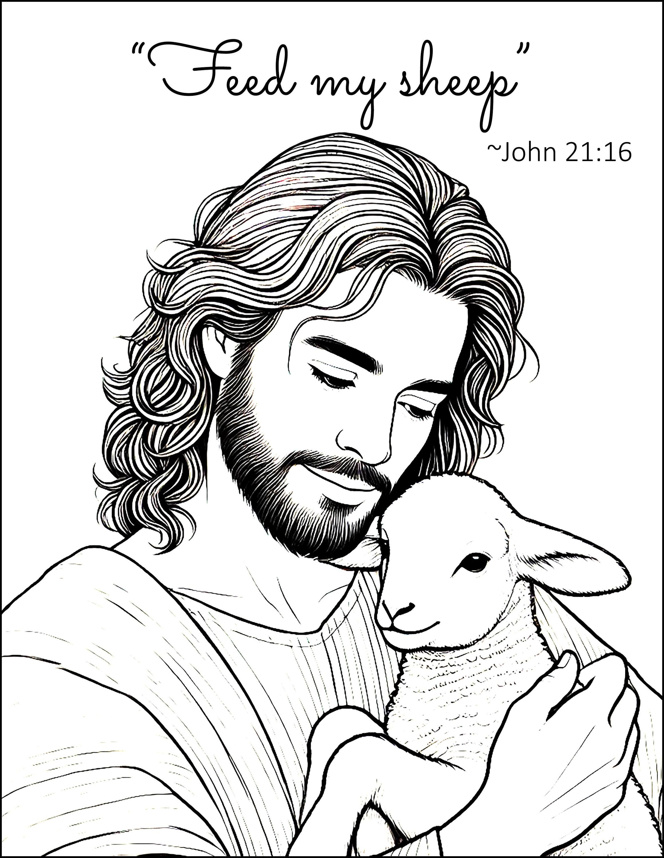 Christian Coloring Page: Feed My Sheep Printable 8.5x11 Inch Digital ...