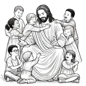 Pagina da colorare cristiana: "Gesù e i bambini" Pagina da colorare, pagina di attività per bambini di arte cristiana spirituale, attività primarie,
