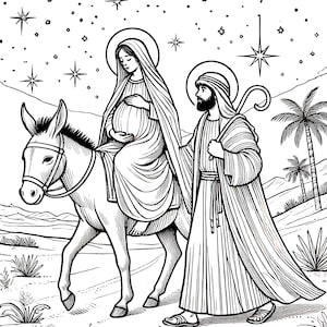 Christelijke kerstkleurplaat: Maria en Jozef - afdrukbare digitale download van 8,5 x 11 inch | kindje Jezus, kerststal kleurplaat| JPEG-bestand