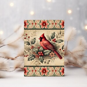 Cartão de Natal Vintage Cardinal – Saudação Elegante para Imprimir com Holly & Berries | Cartão Festivo Inspirado na Natureza para Alegria de Natal, JPEG