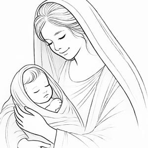 Christelijke kerstkleurplaat: Maria en Jezus - afdrukbare digitale download van 8,5 x 11 inch | kindje Jezus, kerststal kleurplaat| JPEG-bestand