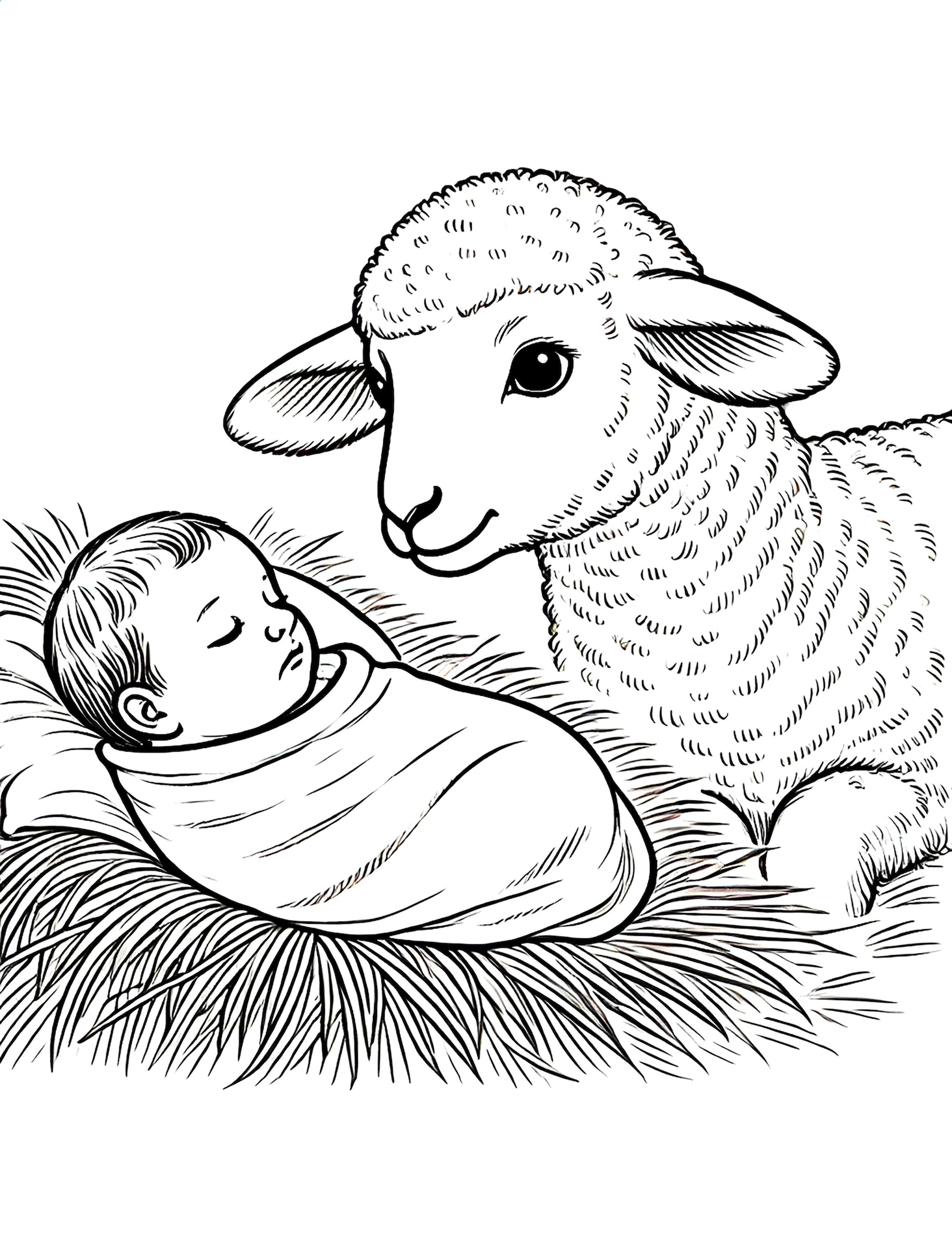 Christian Christmas Coloring Page Jesus and Lamb Printable 8.5x11