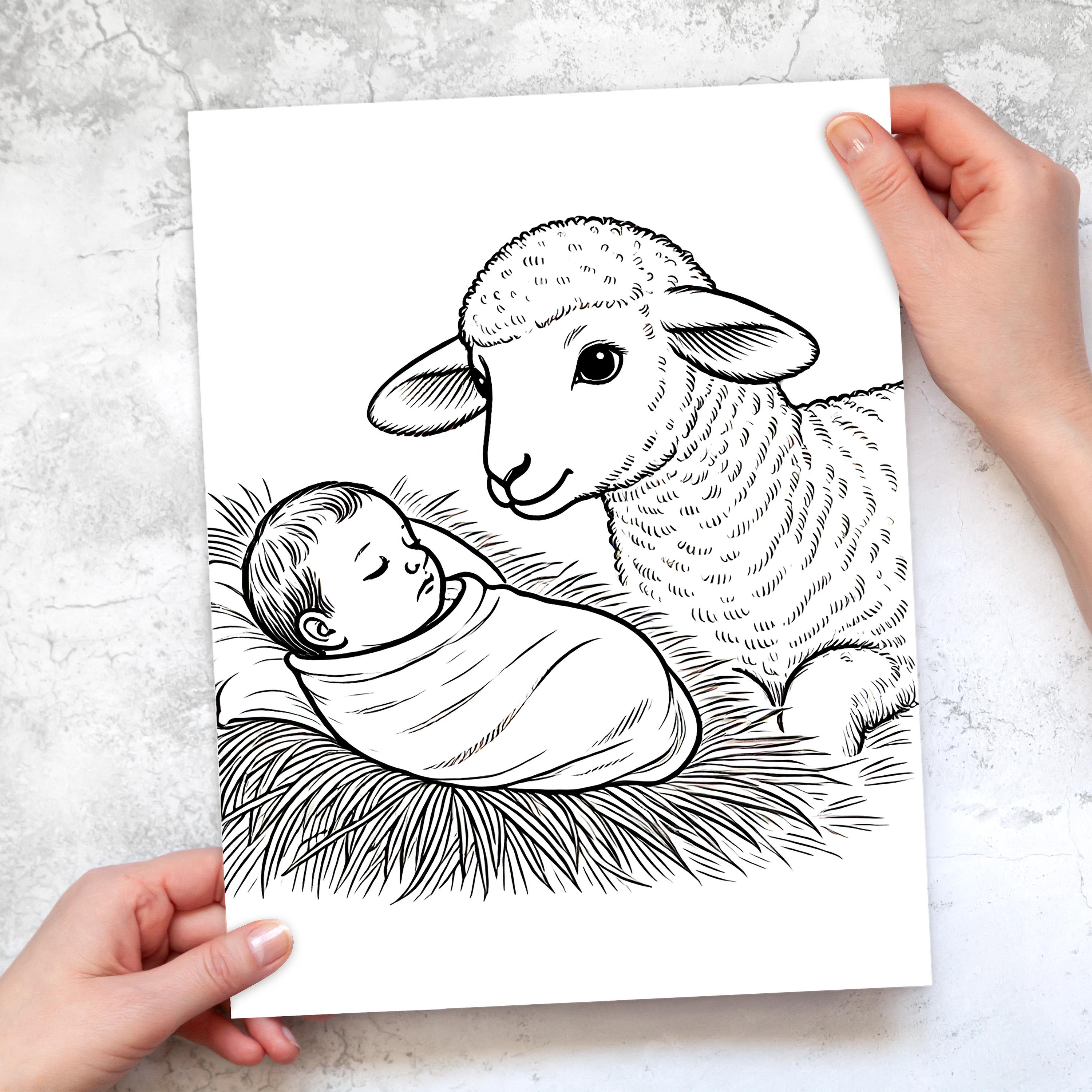 Christian Christmas Coloring Page Jesus and Lamb Printable 8.5x11