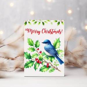 Cartão de Natal Vintage Bluebirds – Saudação Elegante para Imprimir com Holly & Berries | Cartão Festivo Inspirado na Natureza para Alegria de Natal, JPEG