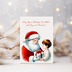 Tarjeta navideña alegre de Papá Noel y su niño / Tarjeta navideña digital con regalo, tarjeta imprimible navideña, tarjeta imprimible JPEG, tarjeta de Papá Noel