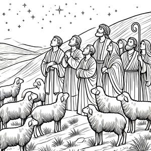 Christian Christmas coloring page: shepherds in the fields - Printable 8.5x11 inch Digital Download | nativity coloring page| JPEG File
