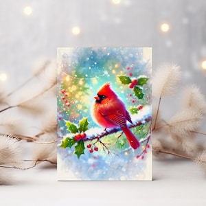 Cartão de Natal Vintage Cardinal – Saudação Elegante para Imprimir com Holly & Berries | Cartão Festivo Inspirado na Natureza para Alegria de Natal, JPEG