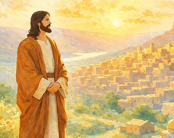 Oeuvre d'art chrétienne : Jésus sur Jérusalem aquarelle imprimable