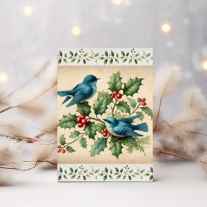 Cartão de Natal Vintage Bluebirds – Saudação Elegante para Imprimir com Holly & Berries | Cartão Festivo Inspirado na Natureza para Alegria de Natal, JPEG