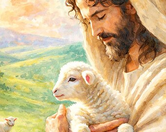 Kristen konst: Jesus och Lammet Akvarell