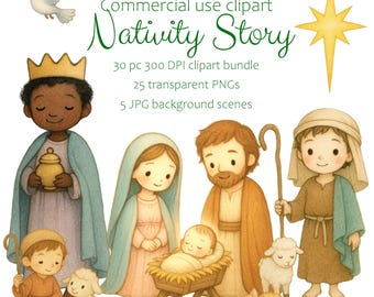 Nativity Clipart, Christian Christmas PNG Set, Holy Family Transparent Background, Card Making & Scrapbook Embellishments 300dpi, stickers