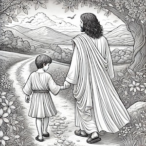 Walking with Jesus Coloring Page – Christian Printable for Kids, Religious Bible Coloring Sheet, Instant Download