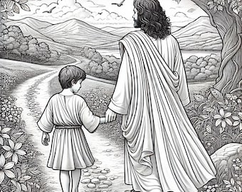 Christian coloring page - Walking with Jesus, Instant Download 300dpi JPEG
